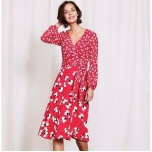 Boden Wrap Dress US 8R balloon Sleeves Fabric Belt side zip Red Floral